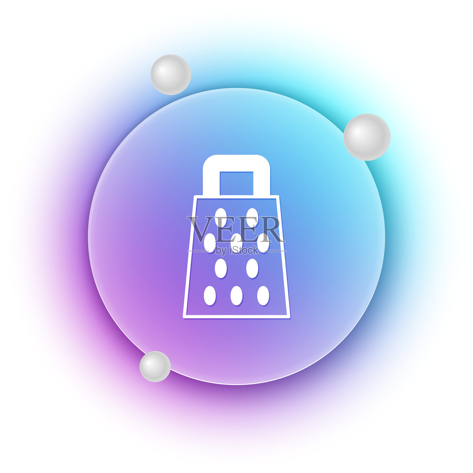 白色磨碎器图标，背景为白色。厨房符号。烹饪用具。餐具标志。蓝紫渐变圆形背景。矢量图。插画图片素材