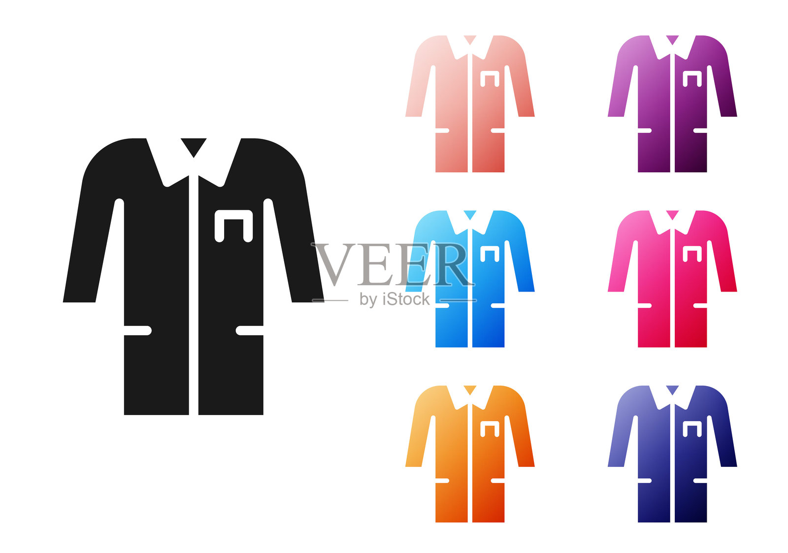 黑色实验室制服图标，背景为白色。用于制药研究人员的工作服。医疗员工设备。彩色图标集合。插画图片素材