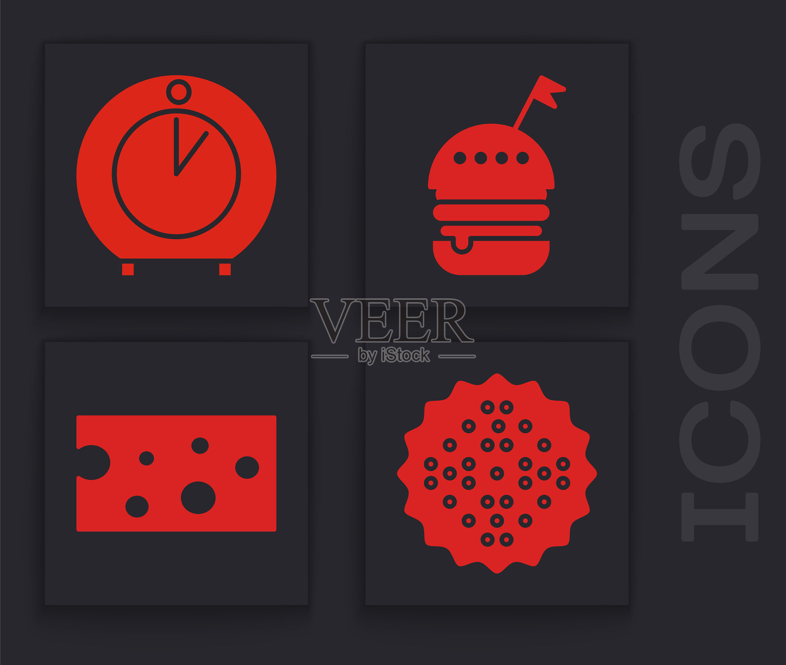 饼干、厨房计时器、汉堡和奶酪图标。矢量图。插画图片素材