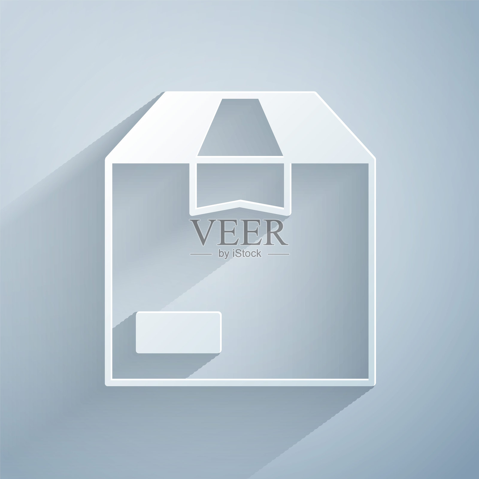 纸雕卡通纸箱图标，背景为灰色。箱子、包裹、快递标志。配送与包装。纸艺风格。矢量图。插画图片素材