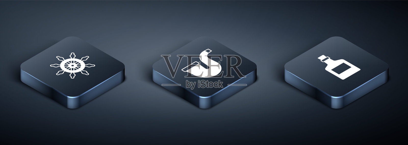 等距船舵、酒精饮料朗姆酒和烟斗图标。矢量图。插画图片素材