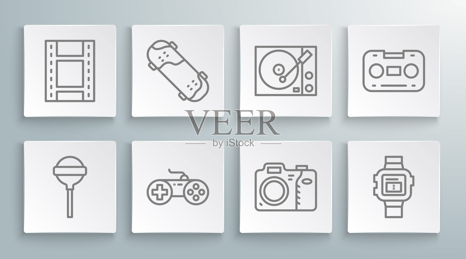 设置线条：棒棒糖、滑板特技、游戏手柄、相机、手表、黑胶唱片机、复古音频磁带和播放视频图标。矢量图。插画图片素材