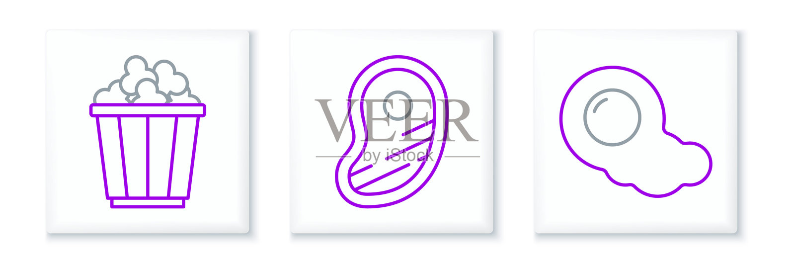 炒蛋、盒装爆米花和牛排图标。矢量图。插画图片素材