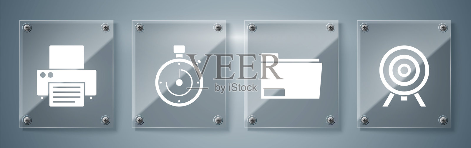 目标设置、文档文件夹、公文包和打印机。方形玻璃面板。矢量图。插画图片素材