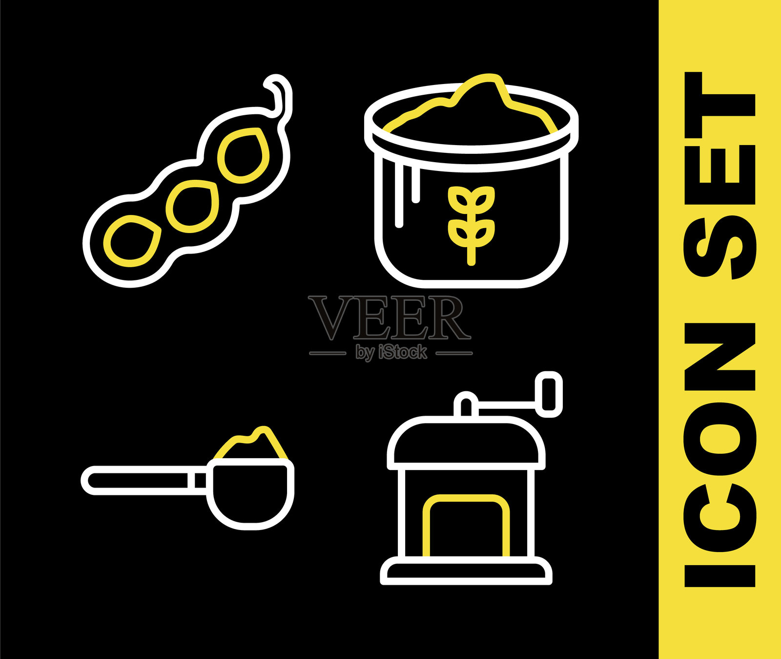 面粉袋、手动咖啡研磨机、量杯和青豆图标。矢量图。插画图片素材