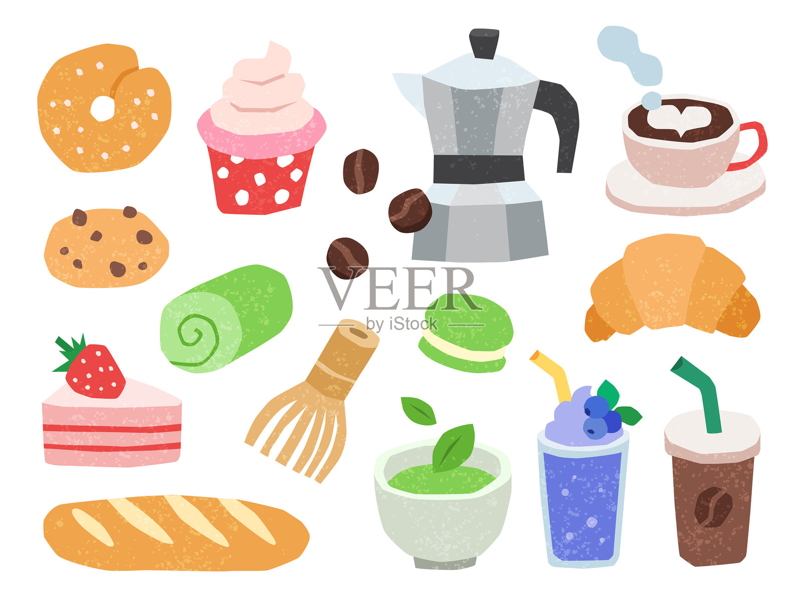咖啡、抹茶绿茶和烘焙食品的插图，涂鸦和平面艺术设计，食品和饮料概念插画图片素材