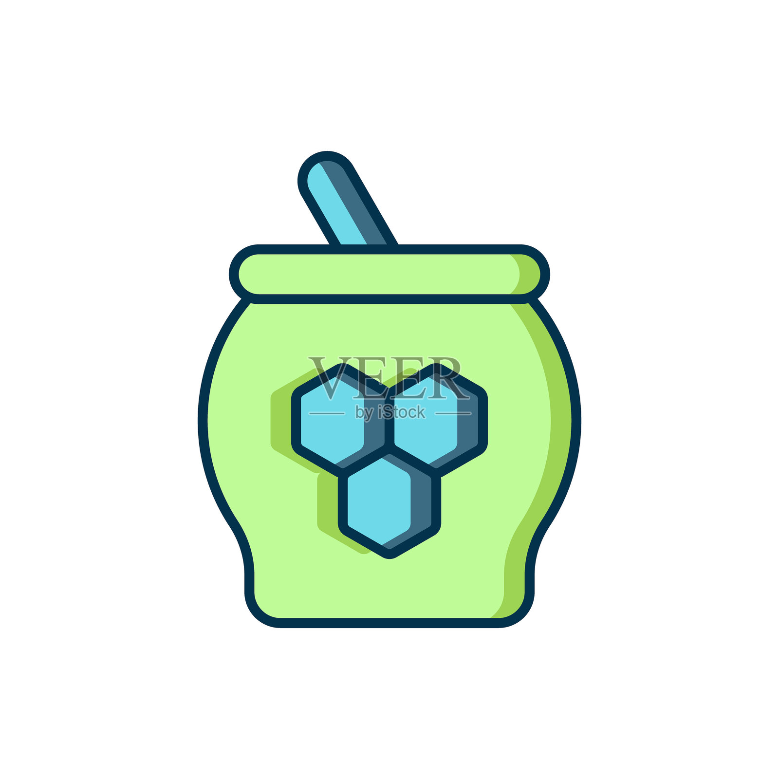 填充轮廓的蜂蜜罐和蜂蜜蘸棒图标，背景为白色。食品银行。甜美的天然食品符号。蜂蜜勺。带阴影的平面填充轮廓风格。矢量图。插画图片素材