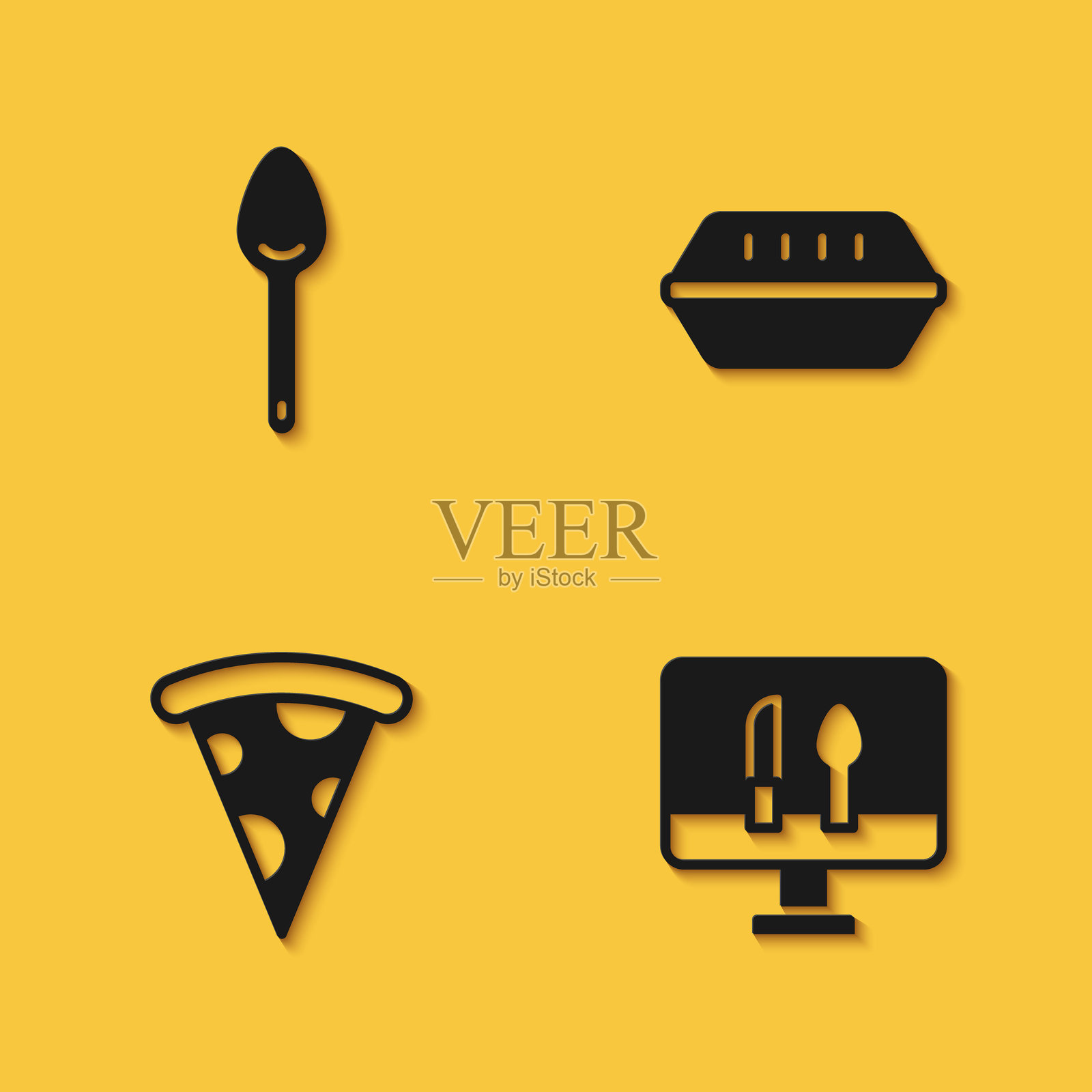 勺子图标、在线订餐、披萨切片和带长阴影的午餐盒图标。矢量图。插画图片素材