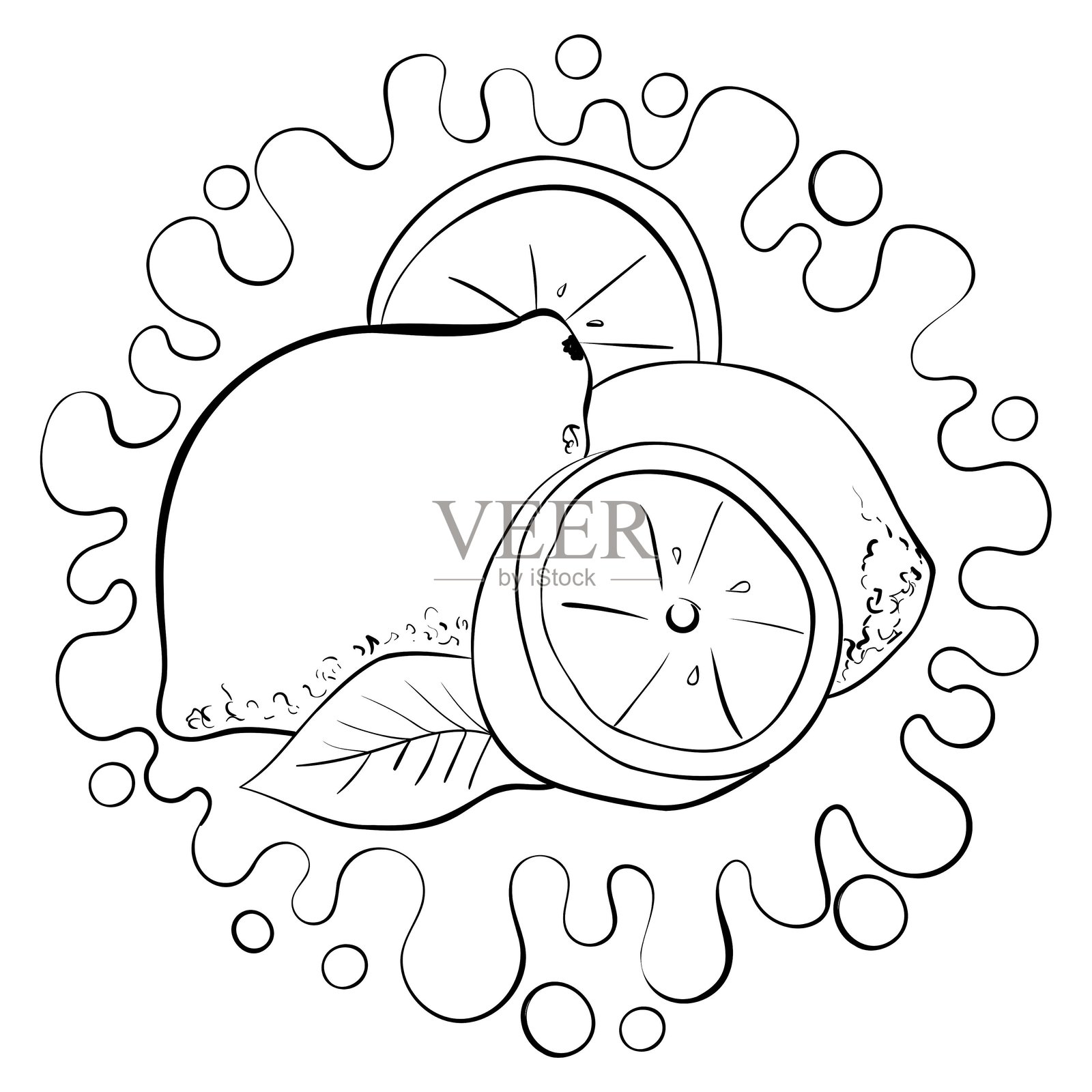 整颗柠檬、半个柠檬和切片柠檬，鲜嫩的柑橘水果涂色页插画图片素材