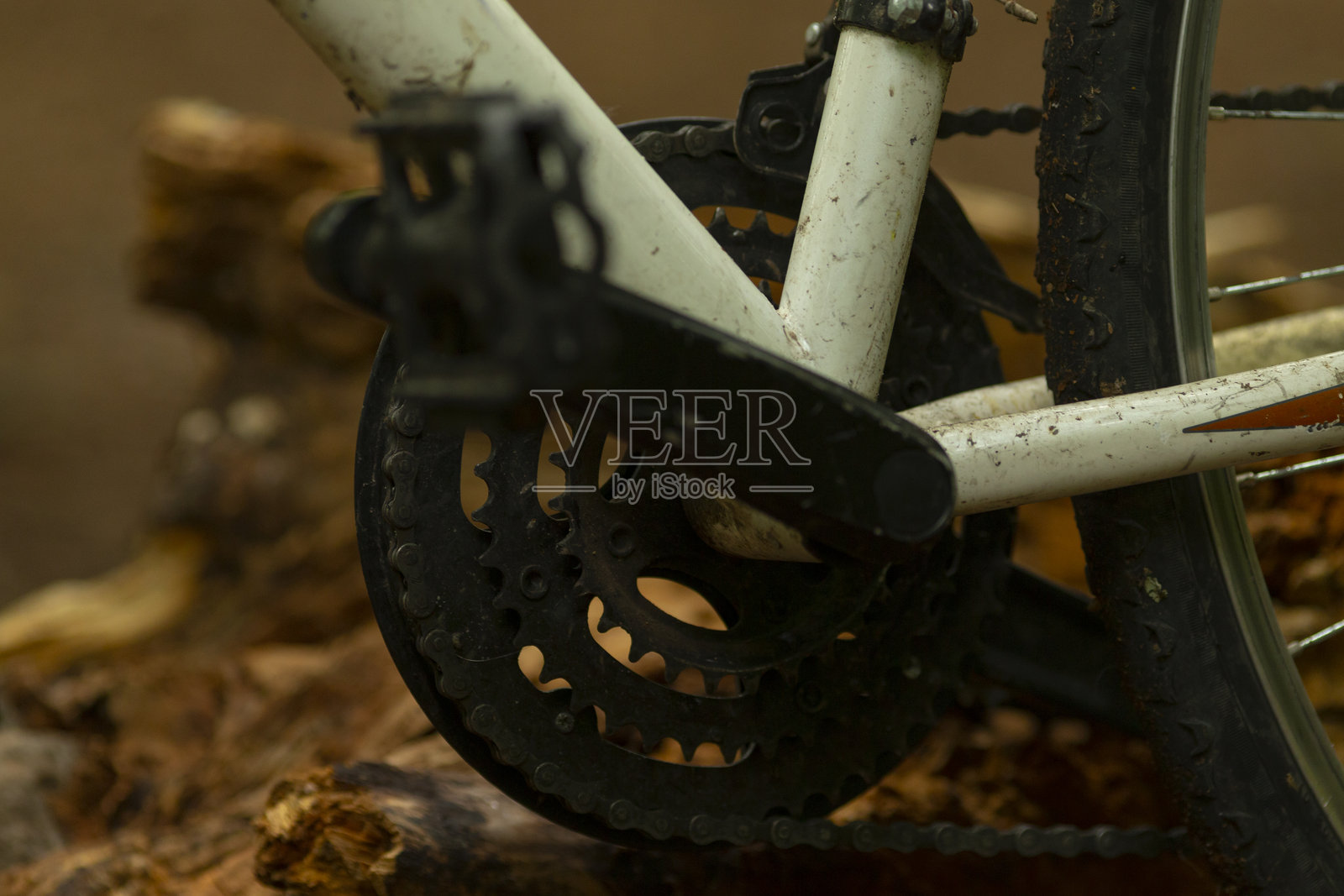 自然环境中自行车链轮和曲轴的详细特写照片摄影图片