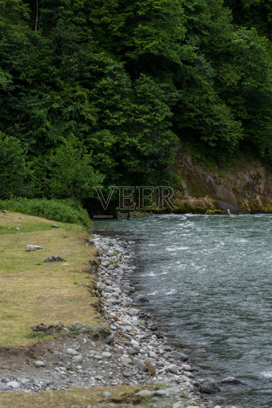 河流、石质岸边和背景中的山脉田野照片摄影图片