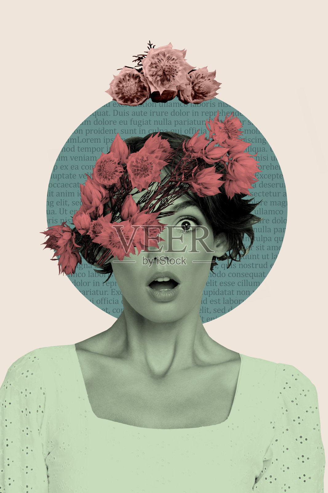 震惊女孩的3D创意图像拼贴，张嘴，野花盛开的花环，春季庆祝节日照片摄影图片