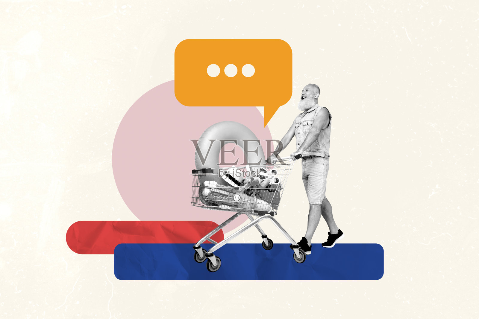 年长男性推着手推车，浮圈，夏季假期，带有文本气泡的对话云图像拼贴照片摄影图片