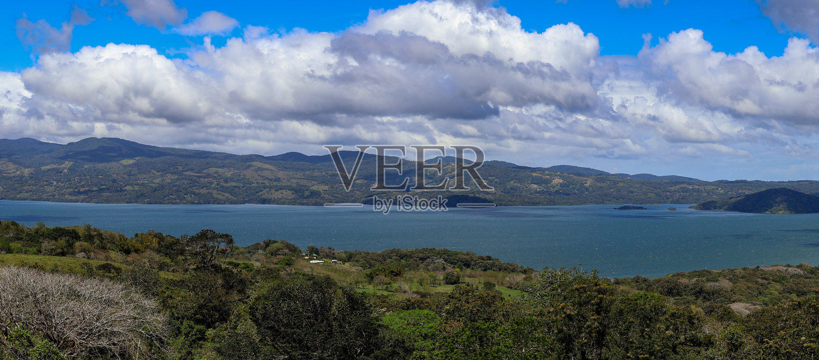 阿雷纳尔湖和郁郁葱葱的山丘全景，哥斯达黎加照片摄影图片