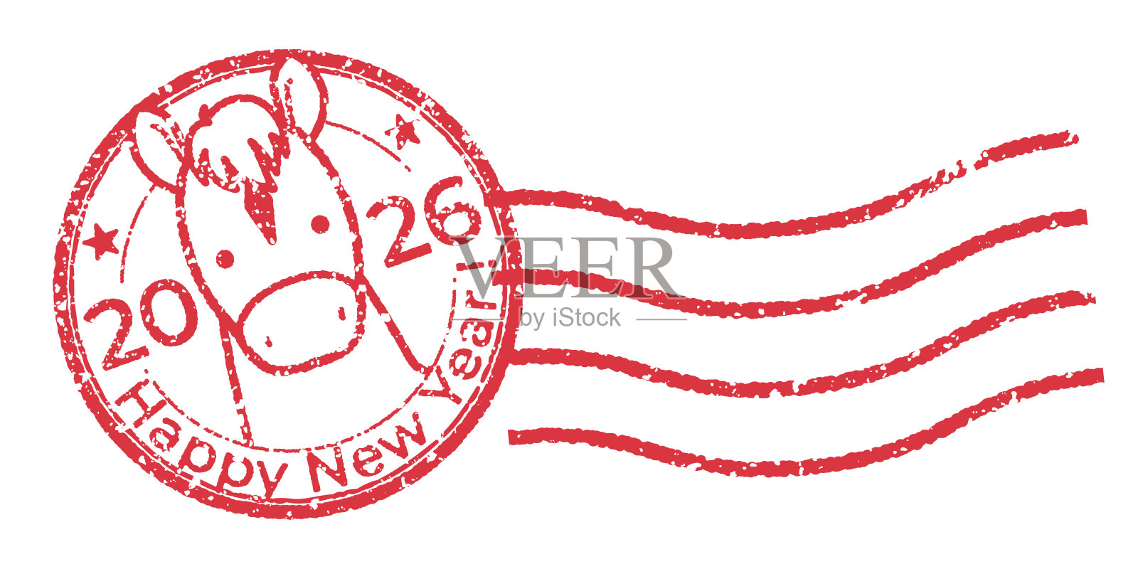 可爱的马的插图，邮戳风格（新年贺卡设计元素）插画图片素材