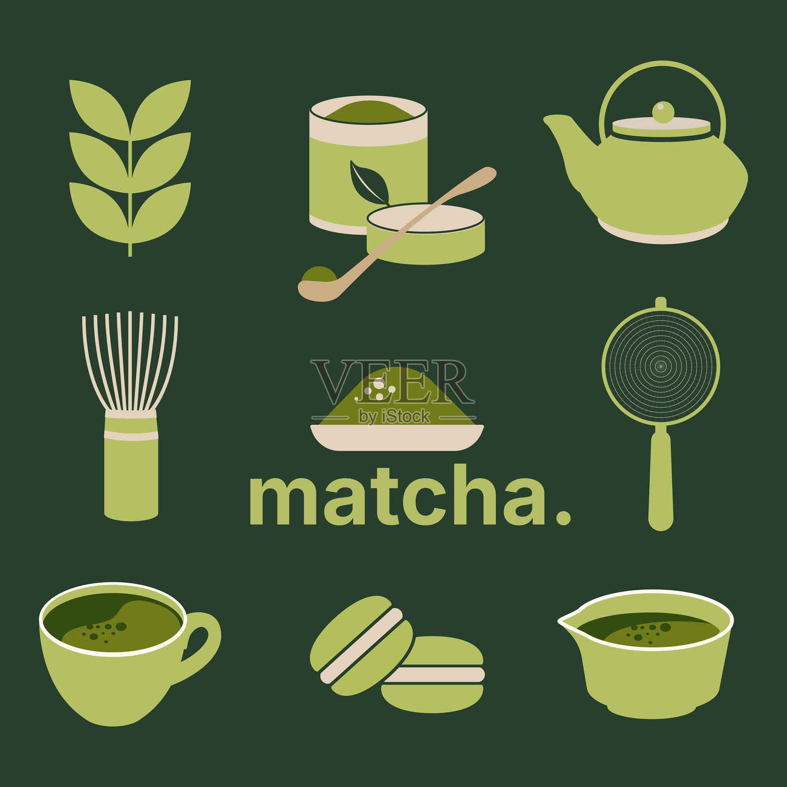 抹茶日本文化图标和符号集的矢量插图，平面艺术设计插画图片素材