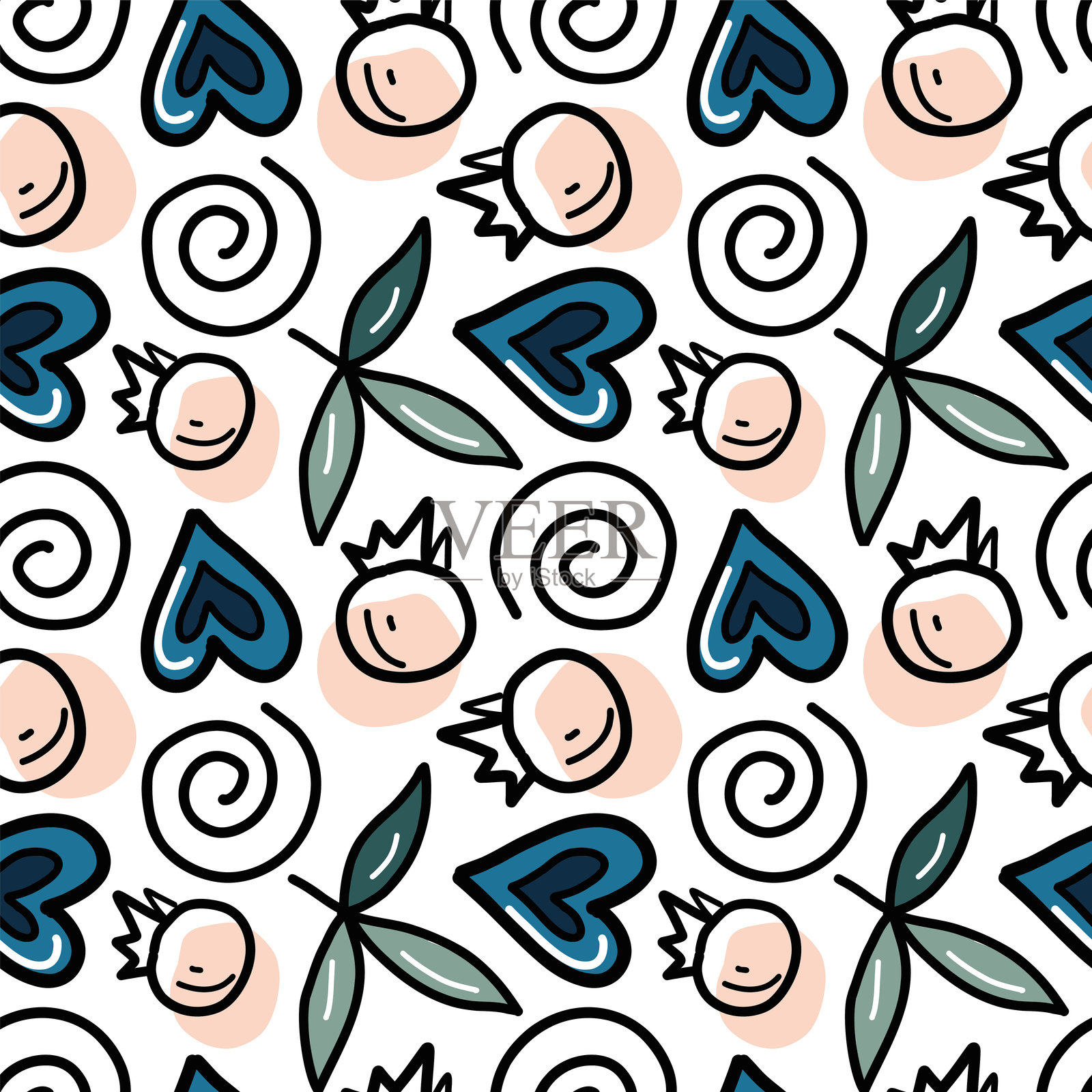 手绘无缝花卉图案，包含浆果、夏季叶子和心形图案插画图片素材