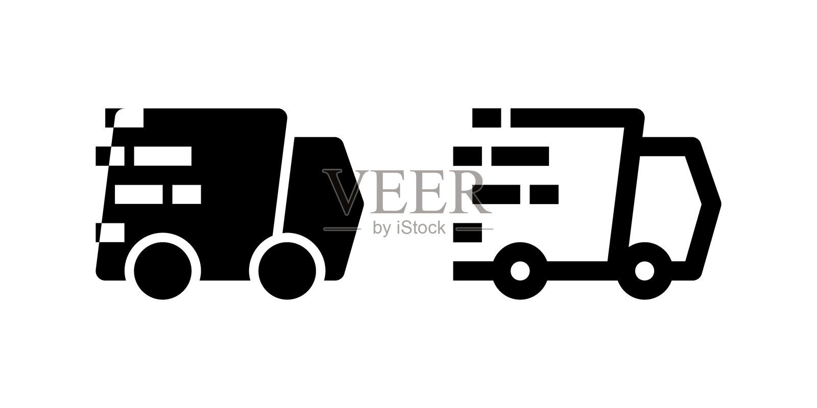 两个黑色线条图标显示送货卡车，一个带有速度线，表示快速运输或快递服务。适用于电子商务、物流或快速配送服务。插画图片素材