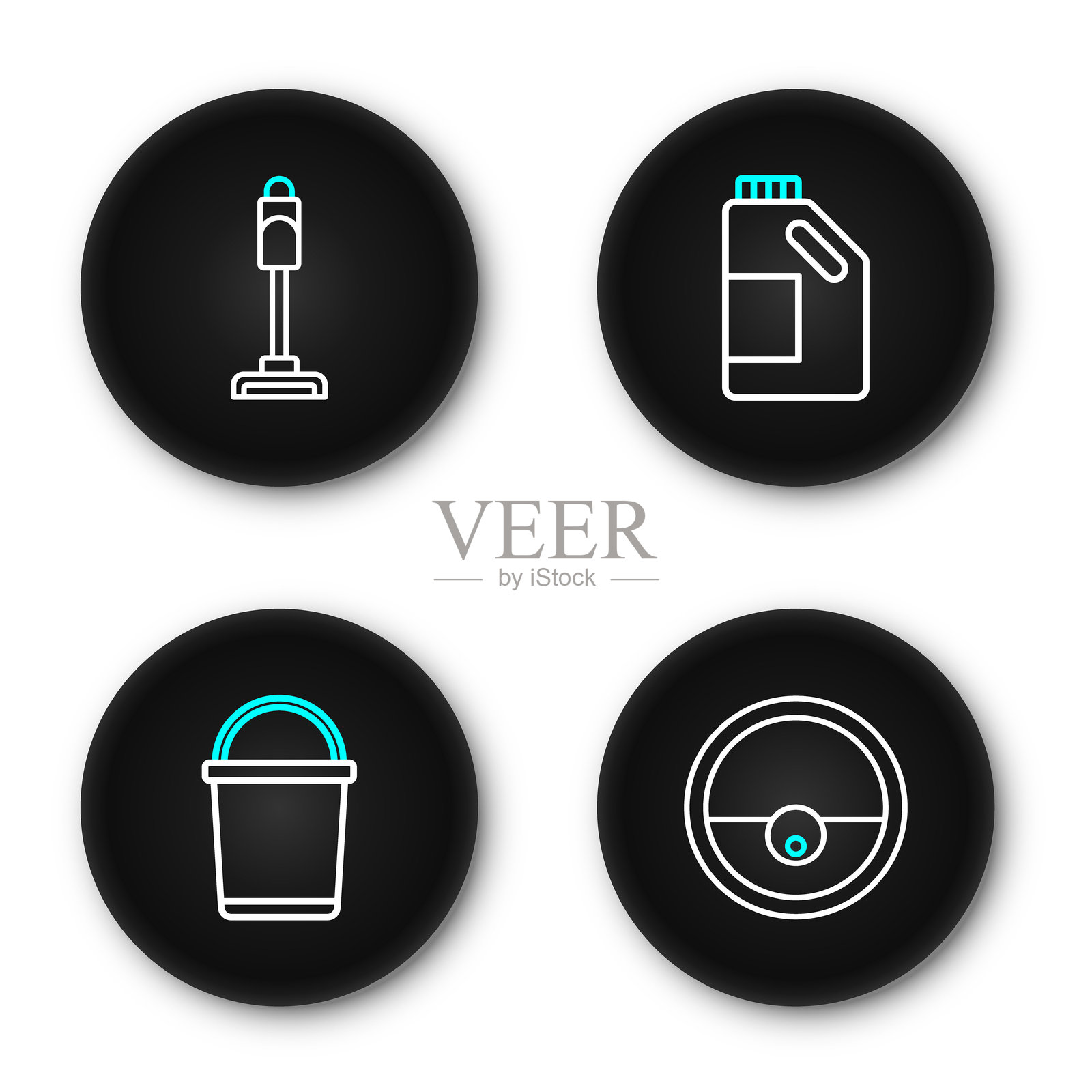 机器人吸尘器、清洁剂瓶、桶和吸尘图标。矢量图。插画图片素材