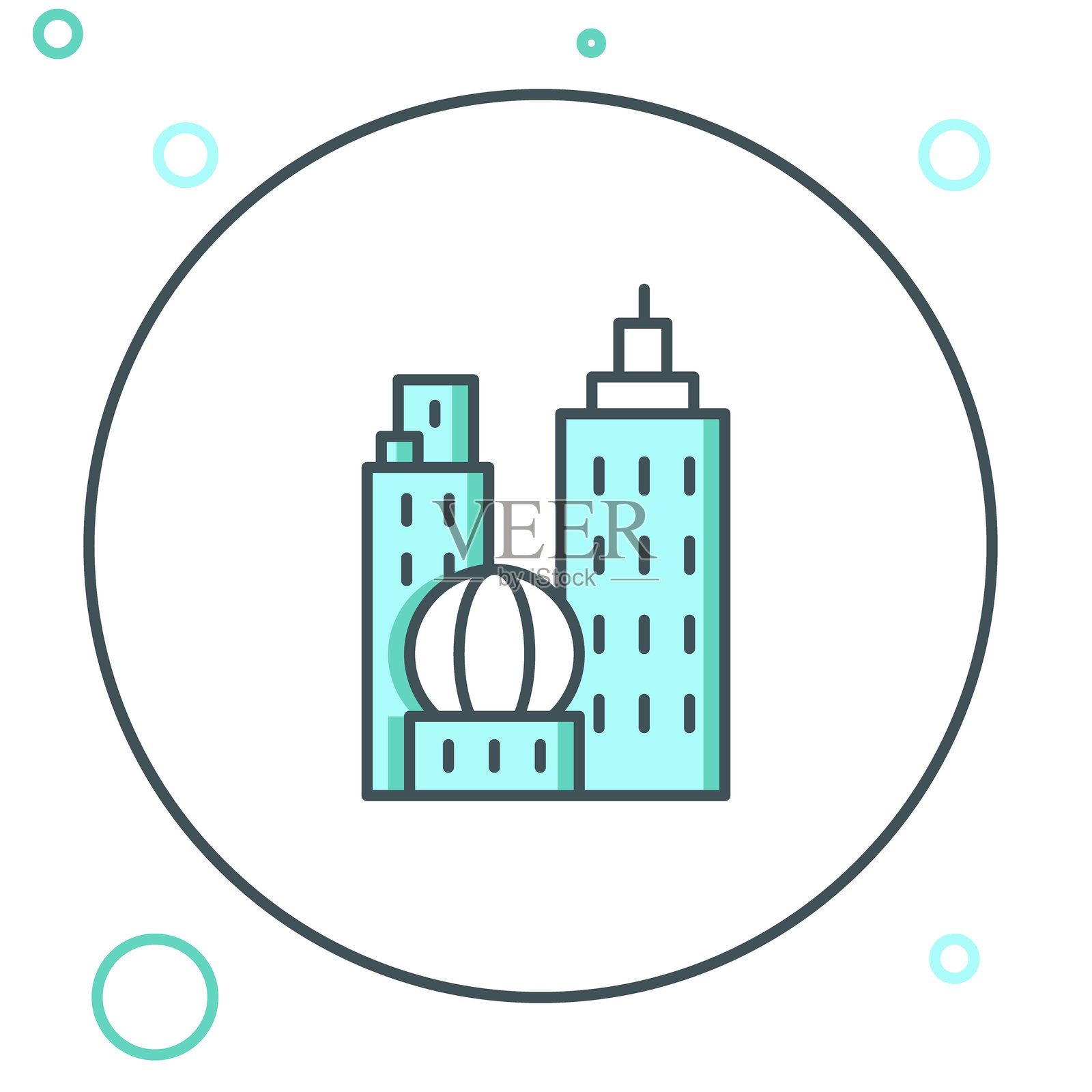 城市风景图标，孤立于白色背景。大都市建筑全景。色彩丰富的轮廓概念。矢量图。插画图片素材