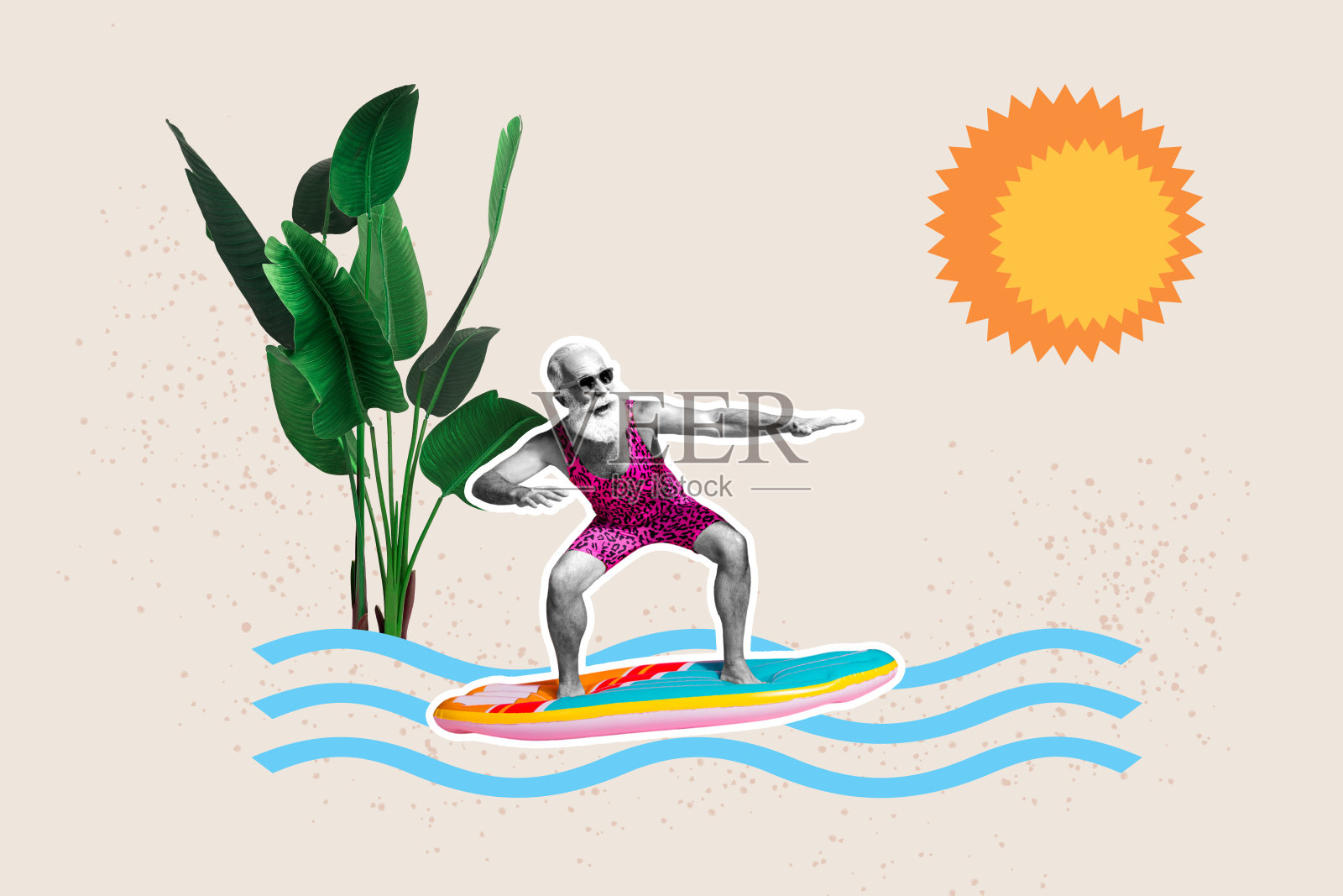 快乐的老人在阳光明媚的夏季假期中，骑着冲浪板在海浪上，周围是充满生机的棕榈植物叶子的涂鸦拼贴画。照片摄影图片