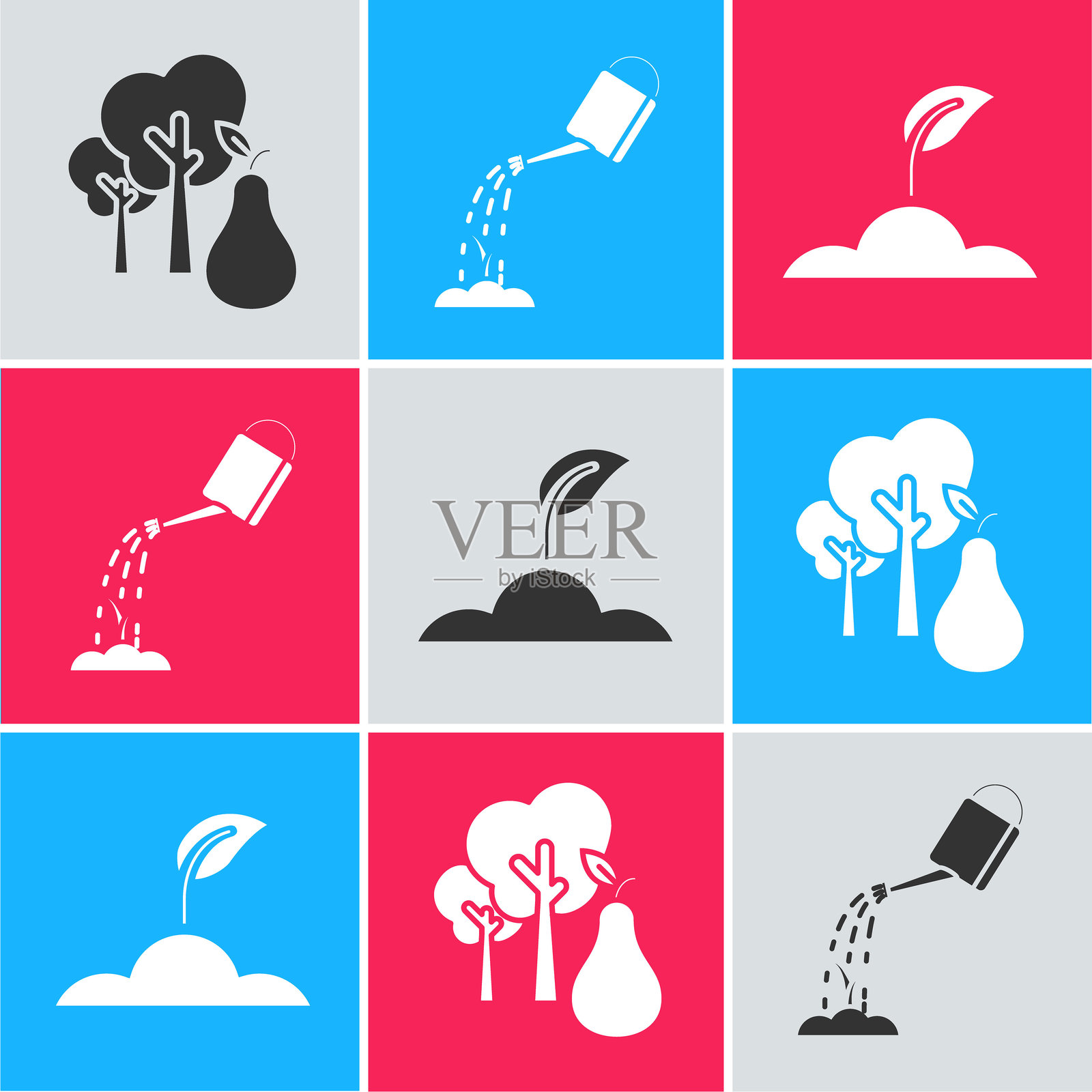 带有梨子的树，装满水的浇水壶和幼苗图标。矢量图。插画图片素材