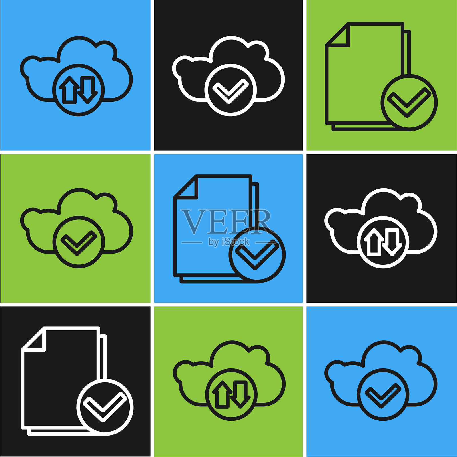 云下载和上传图标，文档和勾选标记，以及带勾选标记的云图标。矢量图。插画图片素材