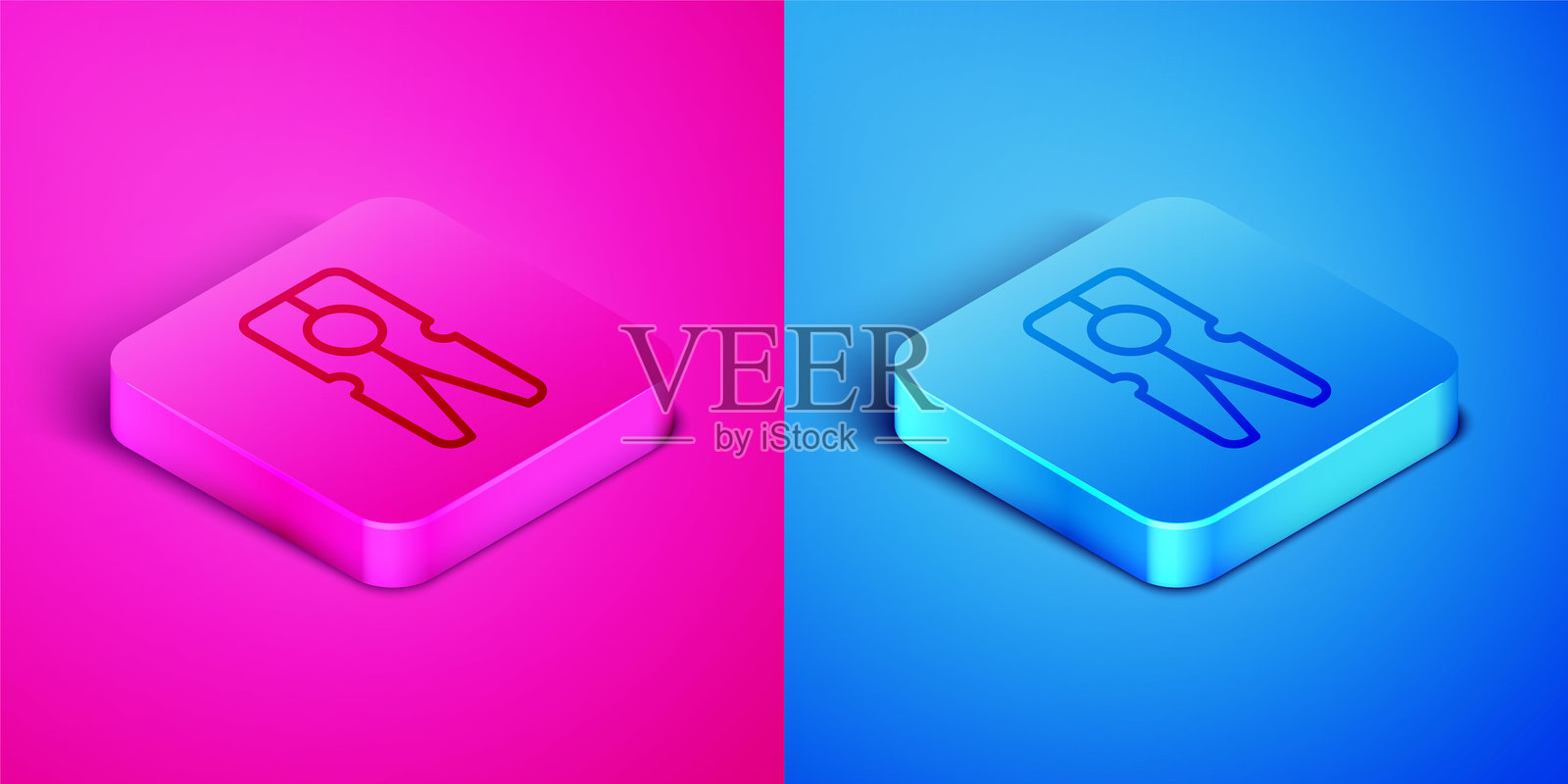 等距线条旧木衣夹图标，背景为粉色和蓝色。衣夹。方形按钮。矢量图。插画图片素材