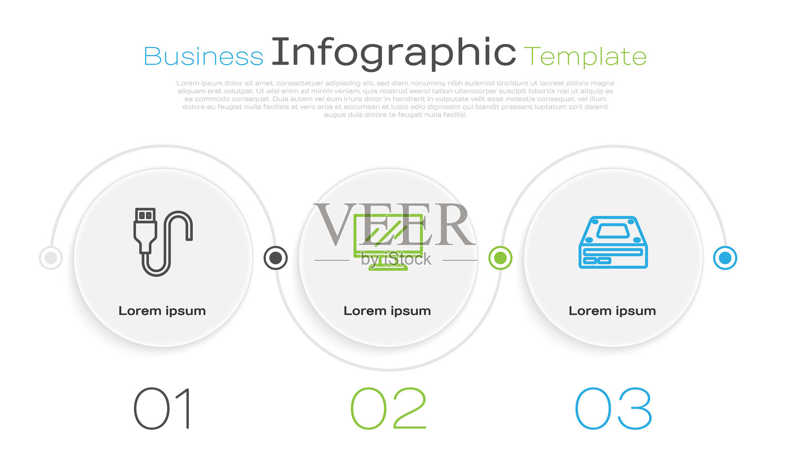 USB数据线、计算机显示器和光盘驱动器。商业信息图模板。矢量图。插画图片素材