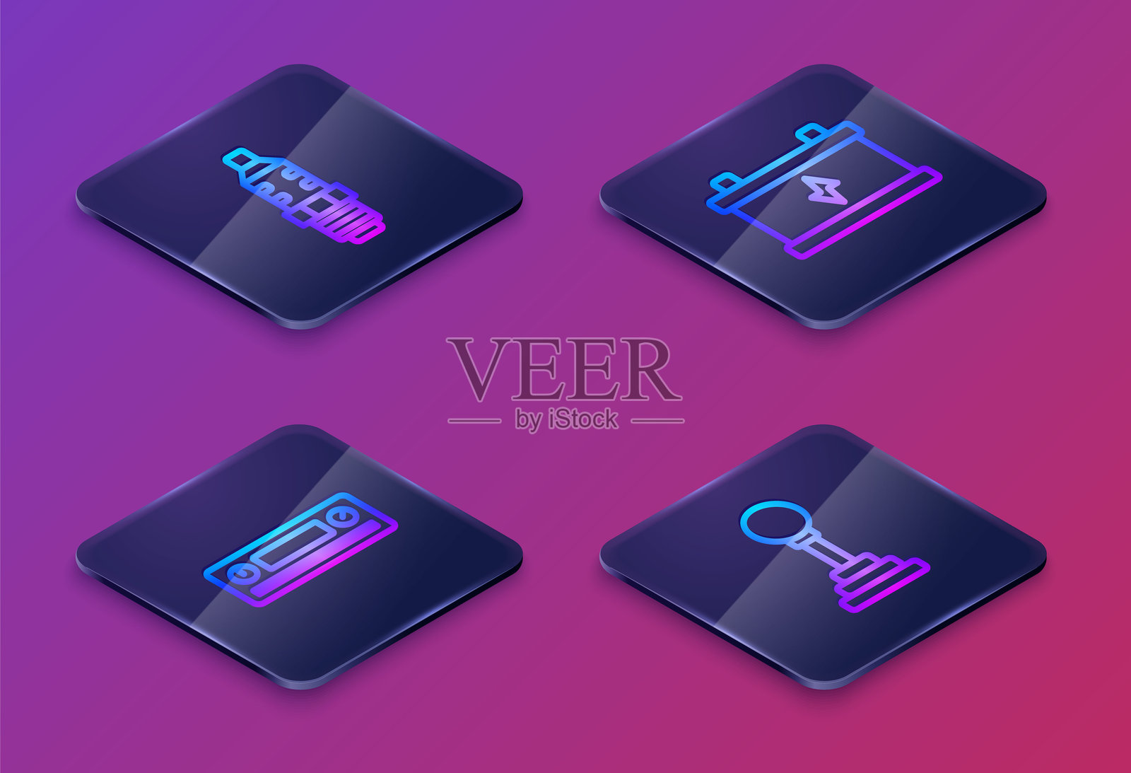 等距线条汽车火花塞、音频、电池和换挡杆。蓝色方形按钮。矢量图。插画图片素材