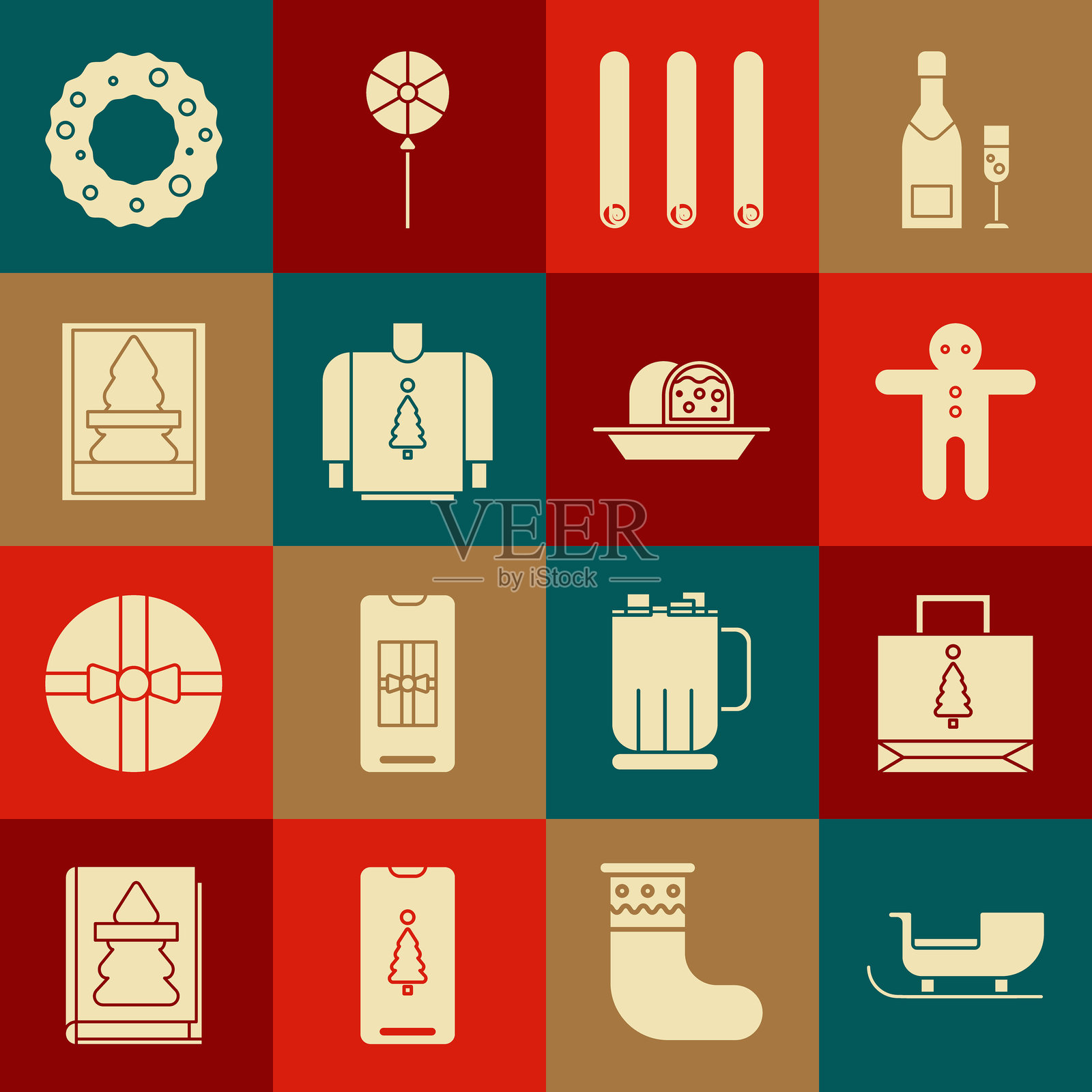 圣诞老人雪橇、纸购物袋、节日姜饼人饼干、三根肉桂卷、毛衣、明信片、花环和马尔兹潘海绵蛋糕图标。矢量图。插画图片素材