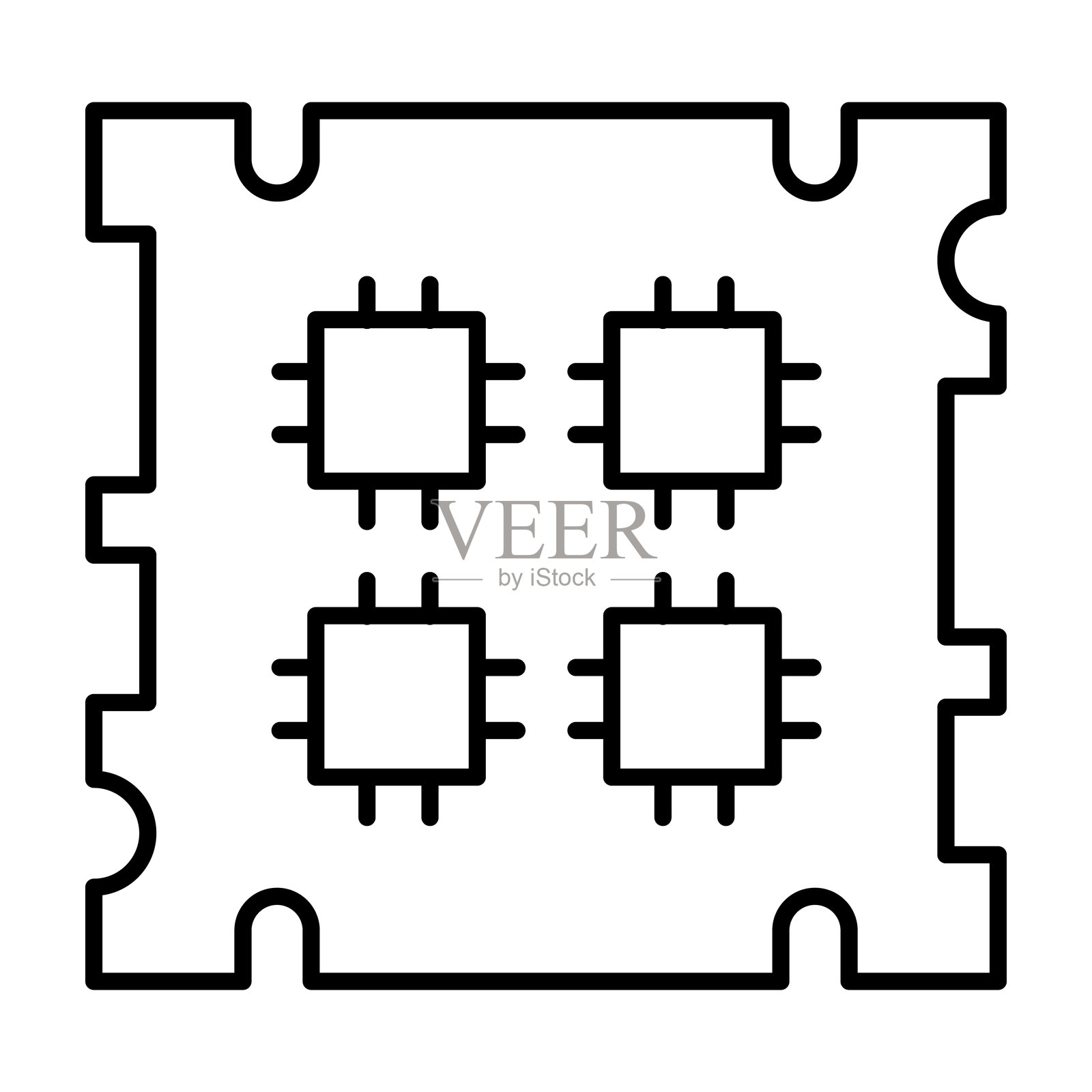 四线程处理器芯片细线图标，神经数据集概念。矢量图形。用于数据训练的微芯片标志，白色背景，适合移动或设计风格。插画图片素材