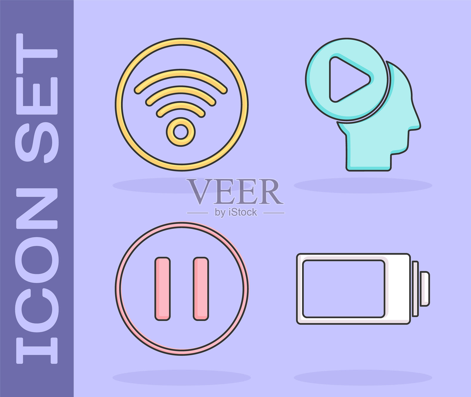 电池电量指示器、Wi-Fi无线网络、暂停按钮和带播放按钮图标的人物头像。矢量图。插画图片素材