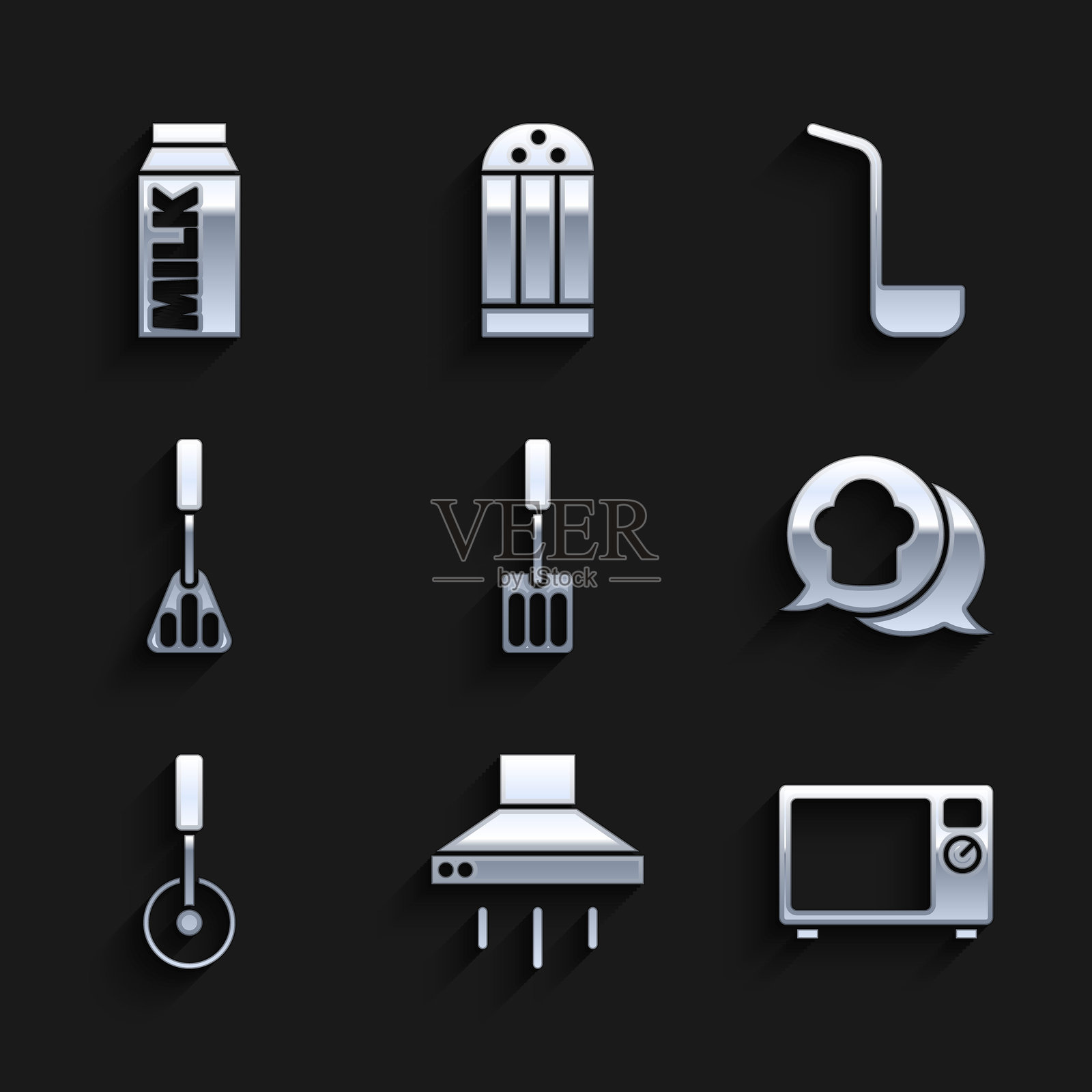 厨具套装，厨房抽油烟机，微波炉，带有厨师帽的对话气泡，披萨刀，汤勺和牛奶纸包装图标。矢量图。插画图片素材