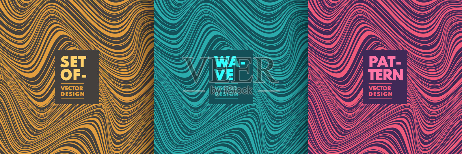 一组抽象的黄色、粉色、蓝色曲线波浪线条，背景为深色。简单的平面极简图案设计，留有空白空间。可用于封面模板、海报、网页横幅、印刷广告。矢量EPS10。插画图片素材