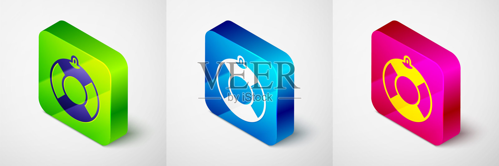 等距救生圈图标，背景为灰色。救生带符号。方形按钮。矢量图。插画图片素材