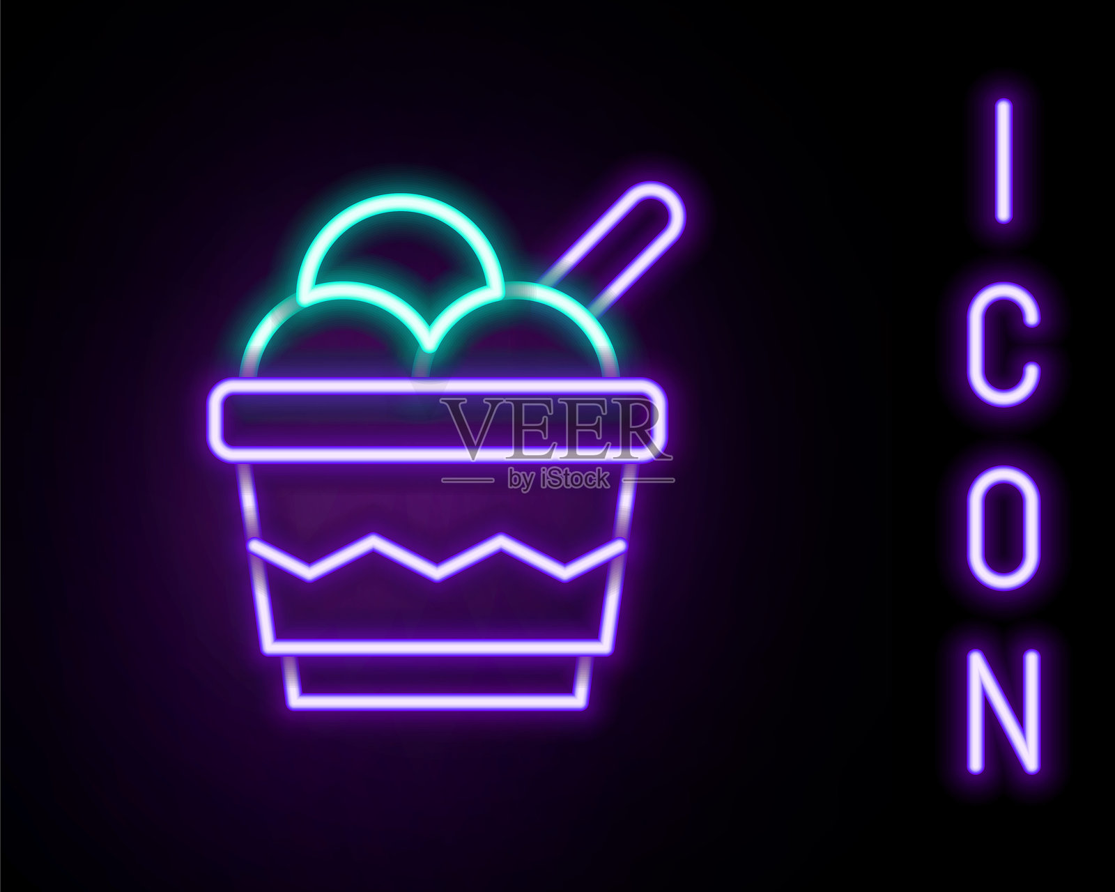 发光的霓虹线冰淇淋碗图标，背景为黑色。甜蜜的象征。彩色轮廓概念。矢量图。插画图片素材