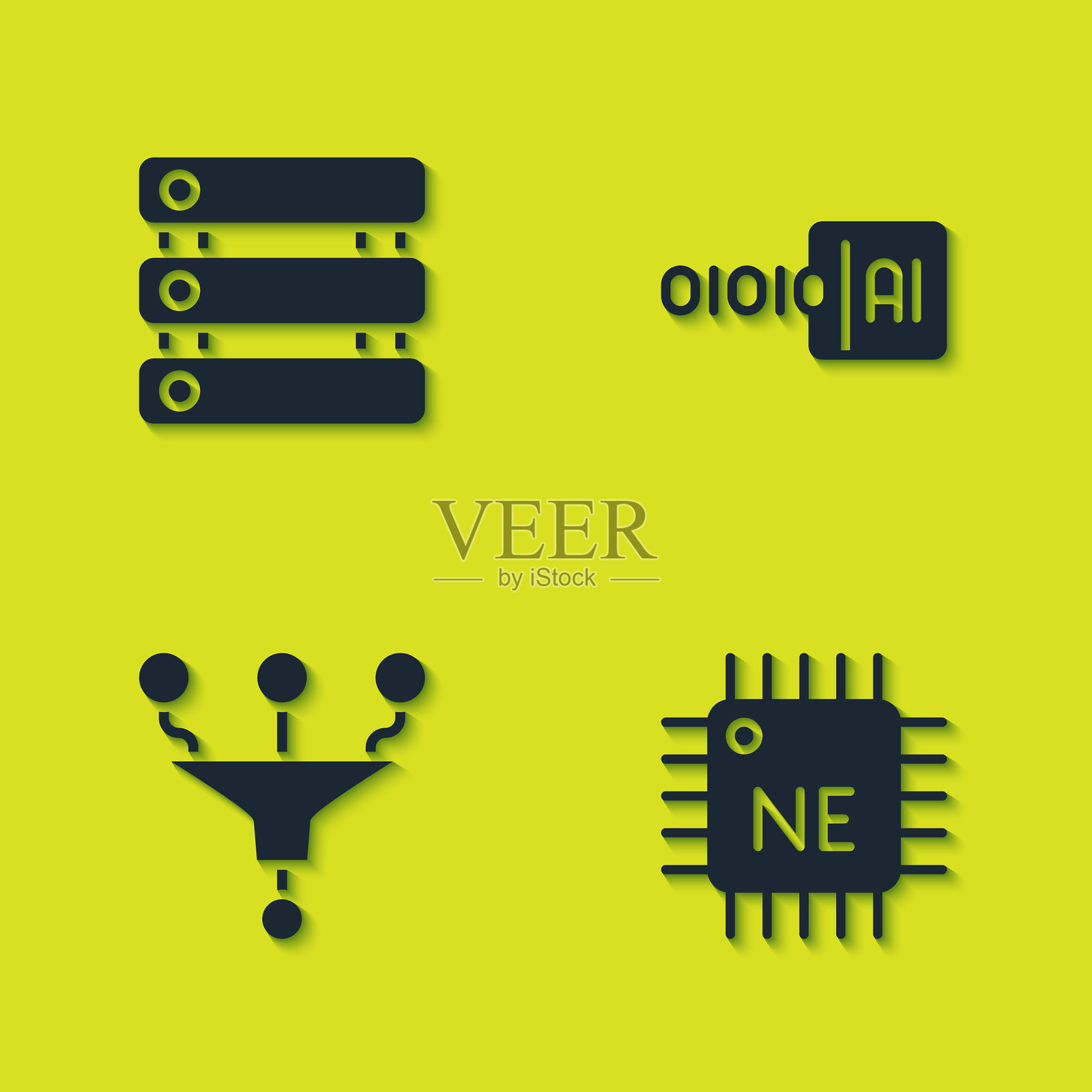 服务器、数据、处理器CPU、漏斗过滤器和二进制代码图标。矢量图。插画图片素材