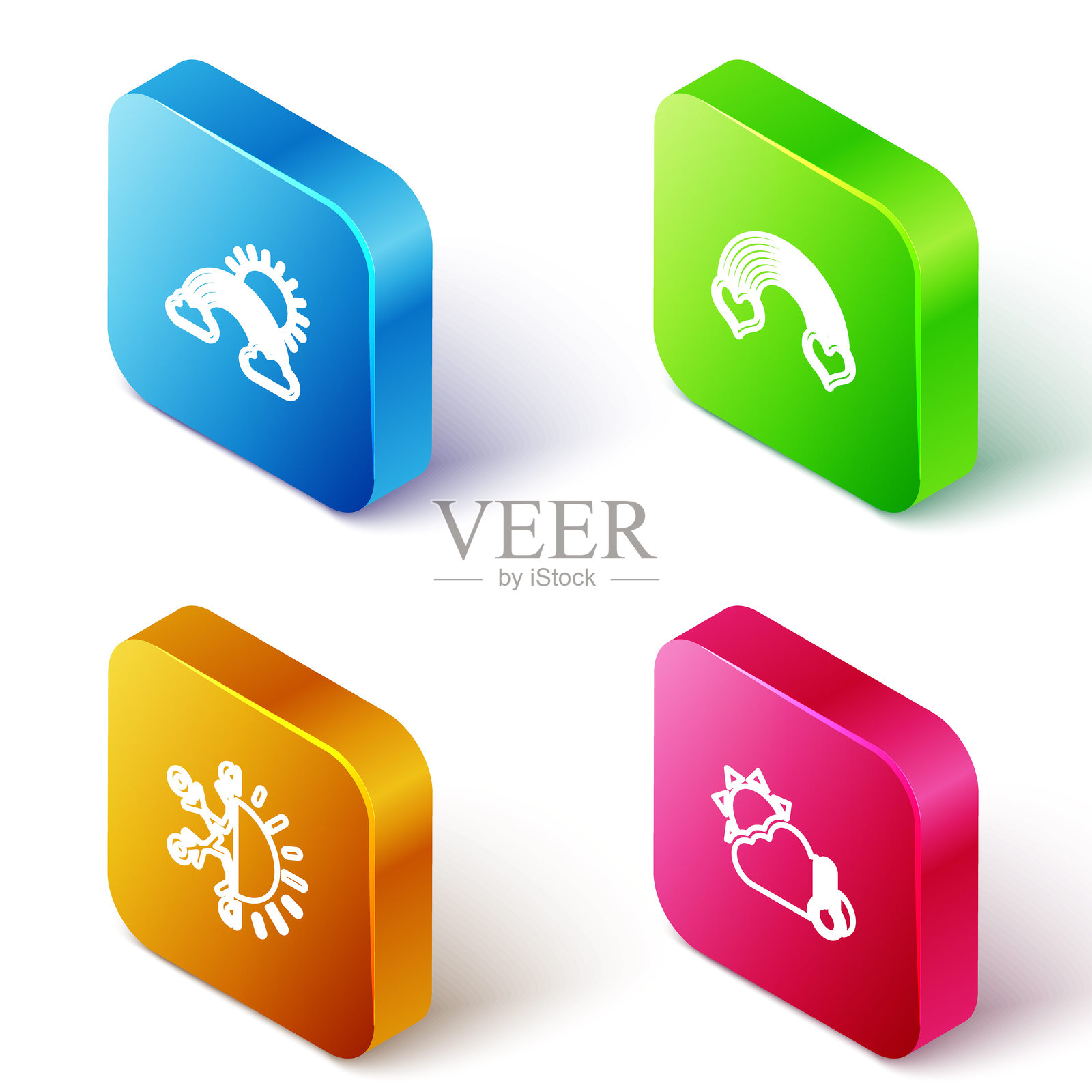 等距线条彩虹与云朵和太阳、心形、太阳雪花和温度计云朵图标。矢量图。插画图片素材