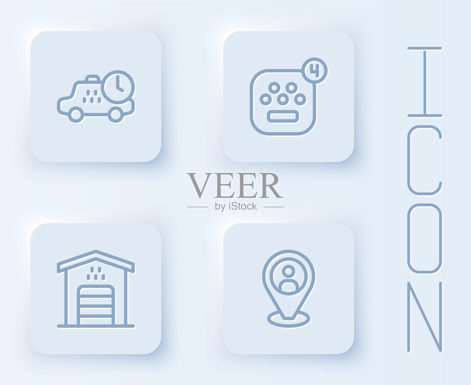 设置出租车等待时间，移动应用程序，出租车车库和客户。白色方形按钮。矢量图。插画图片素材