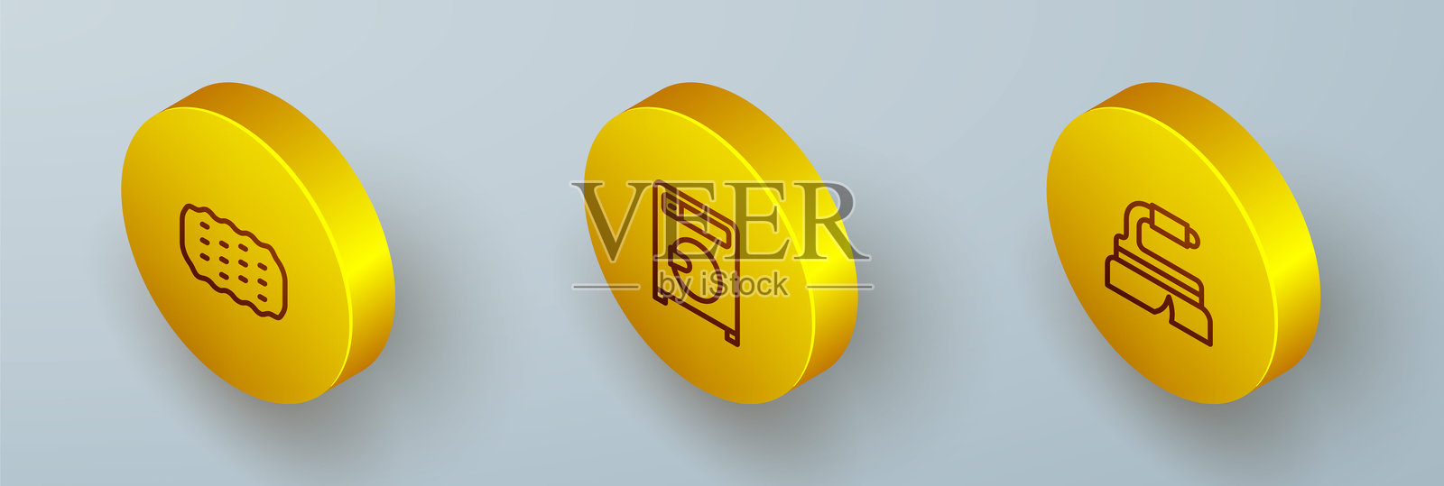 等距线条海绵、洗涤器和清洁刷图标。矢量图。插画图片素材