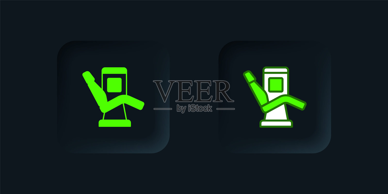 绿色医疗牙科椅图标，背景为黑色。牙医椅。黑色方形按钮。矢量图。插画图片素材