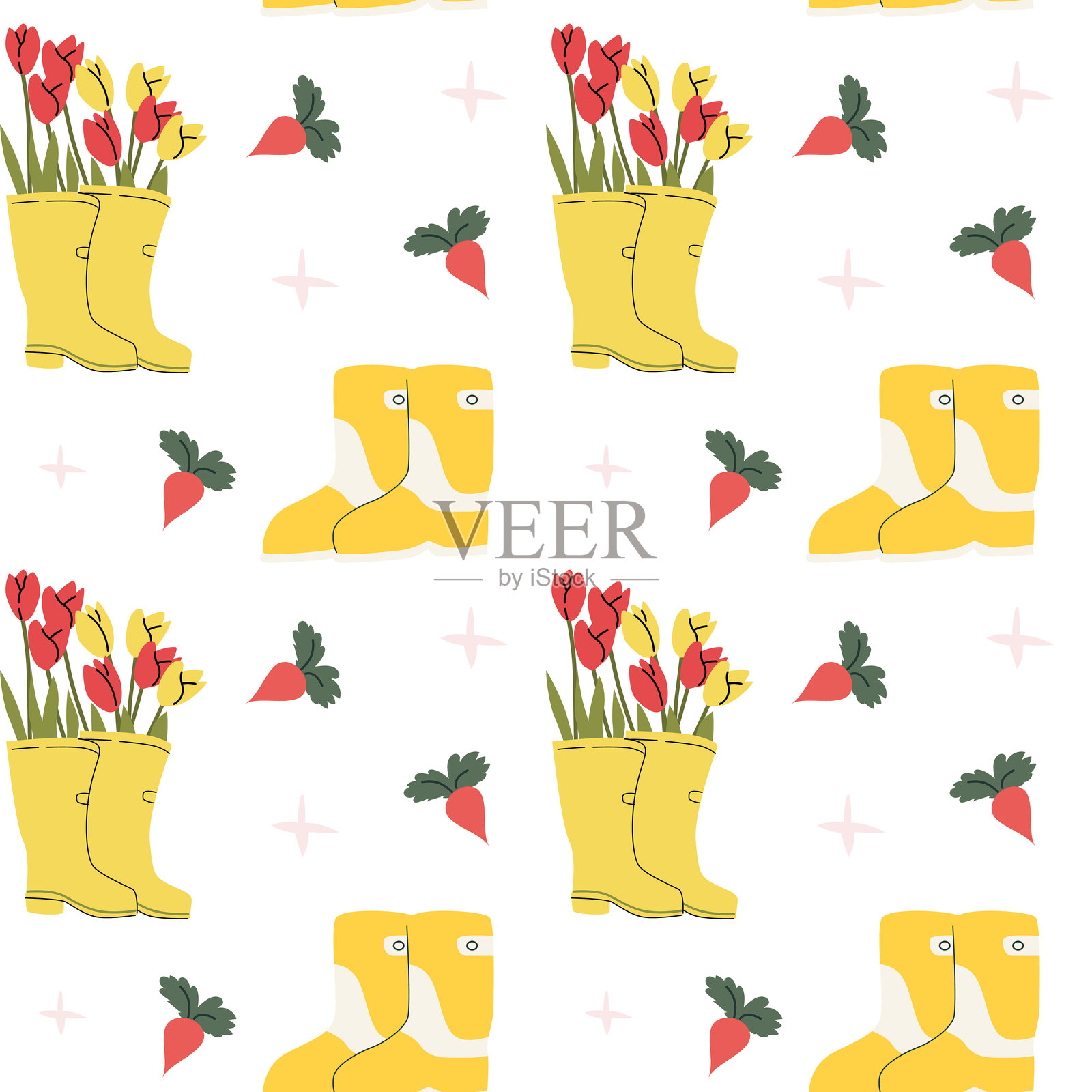 春季花园图案，搭配黄色靴子和郁金香，适合乡村装饰插画图片素材