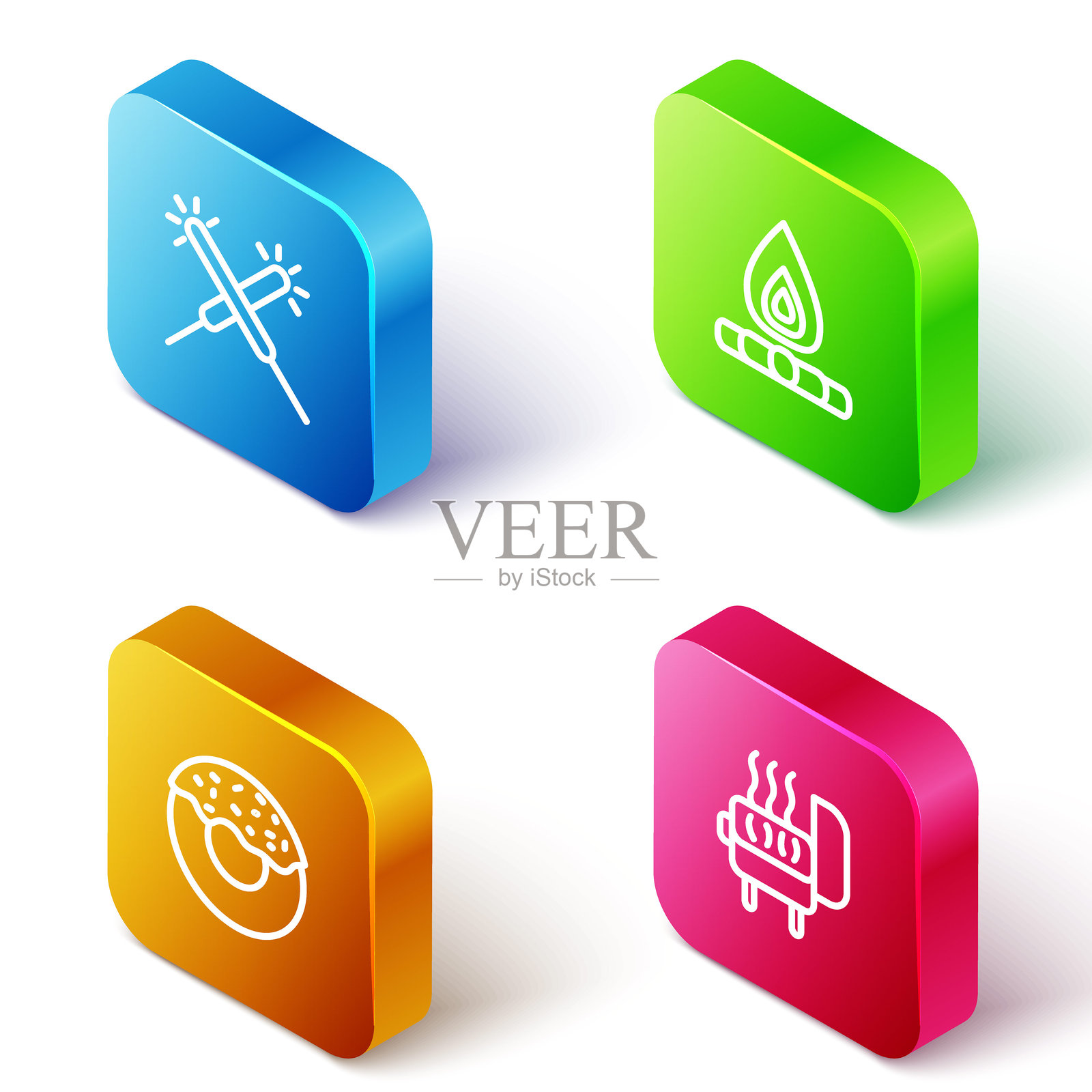 等距线条烟花、篝火、甜甜圈和烧烤架图标。矢量图。插画图片素材