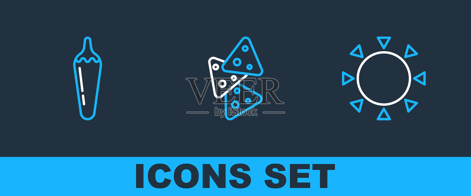 太阳、辣椒和玉米片图标。矢量图。插画图片素材