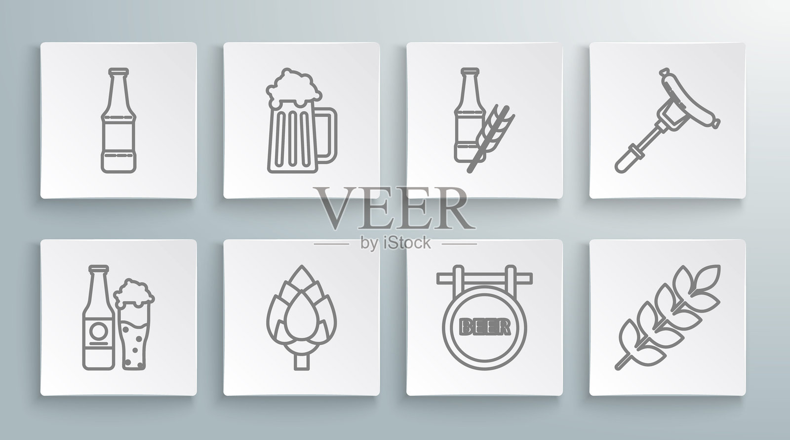 啤酒瓶和玻璃，木制啤酒杯，啤酒花，带有铭文的街道招牌，谷物组合：大米、小麦、玉米、燕麦、黑麦、大麦，叉子上的香肠和图标。矢量图。插画图片素材