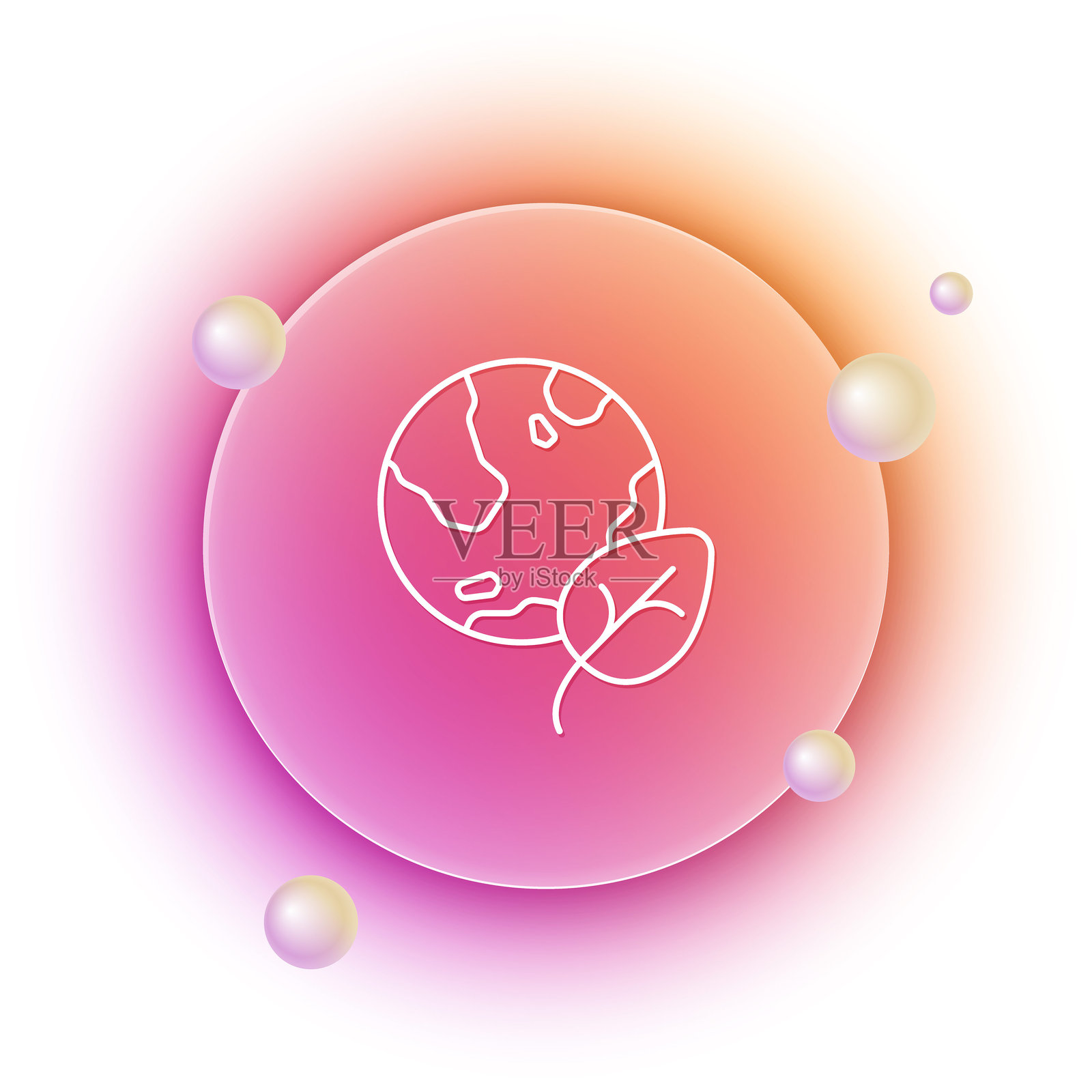 白色地球仪和叶子图标，背景为白色。世界或地球标志。几何形状。环保概念。橙色和粉色渐变圆形背景。矢量图。插画图片素材