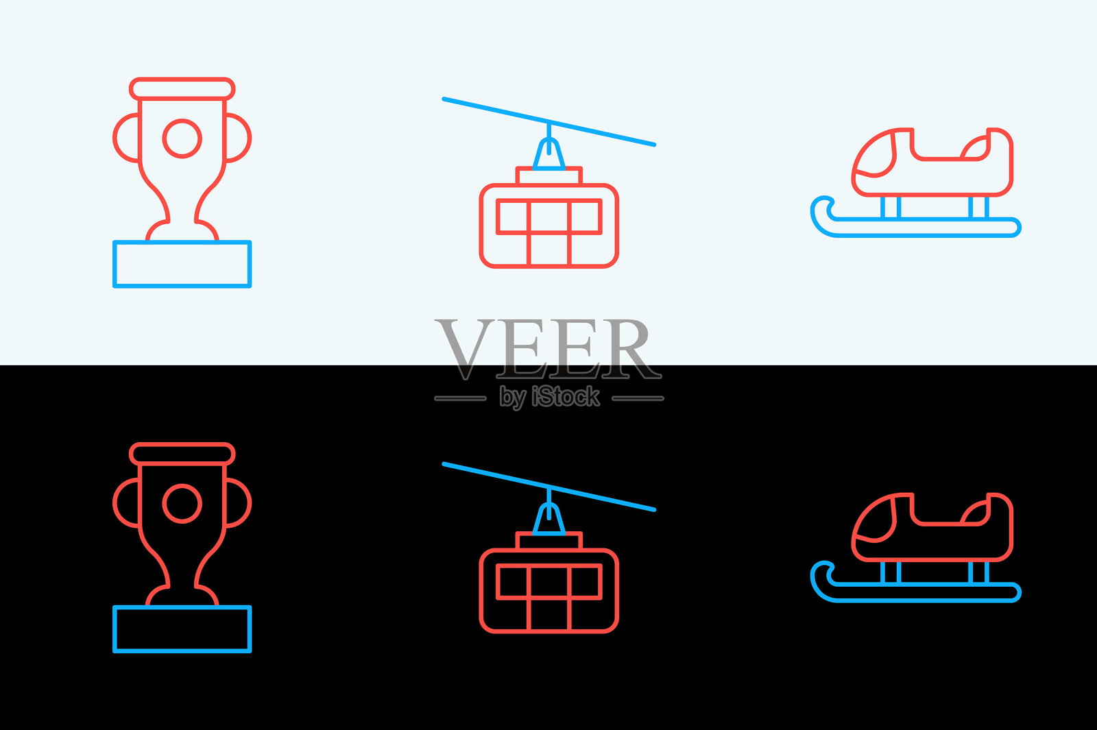 滑雪板、奖杯和缆车图标。矢量图。插画图片素材