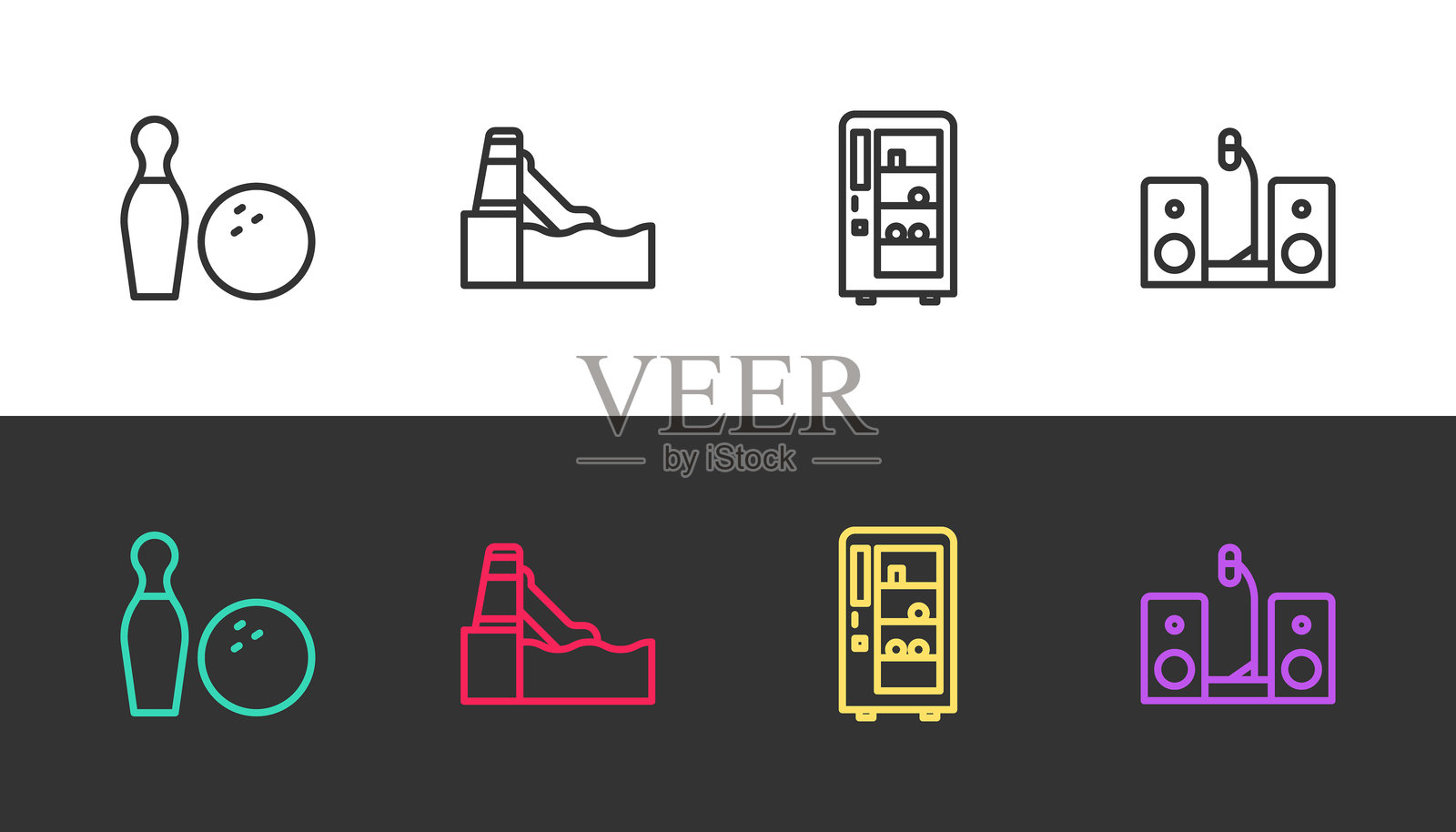 黑白矢量图：保龄球瓶和球、水滑梯、自动售货机以及带两个扬声器的家庭立体声音响。插画图片素材
