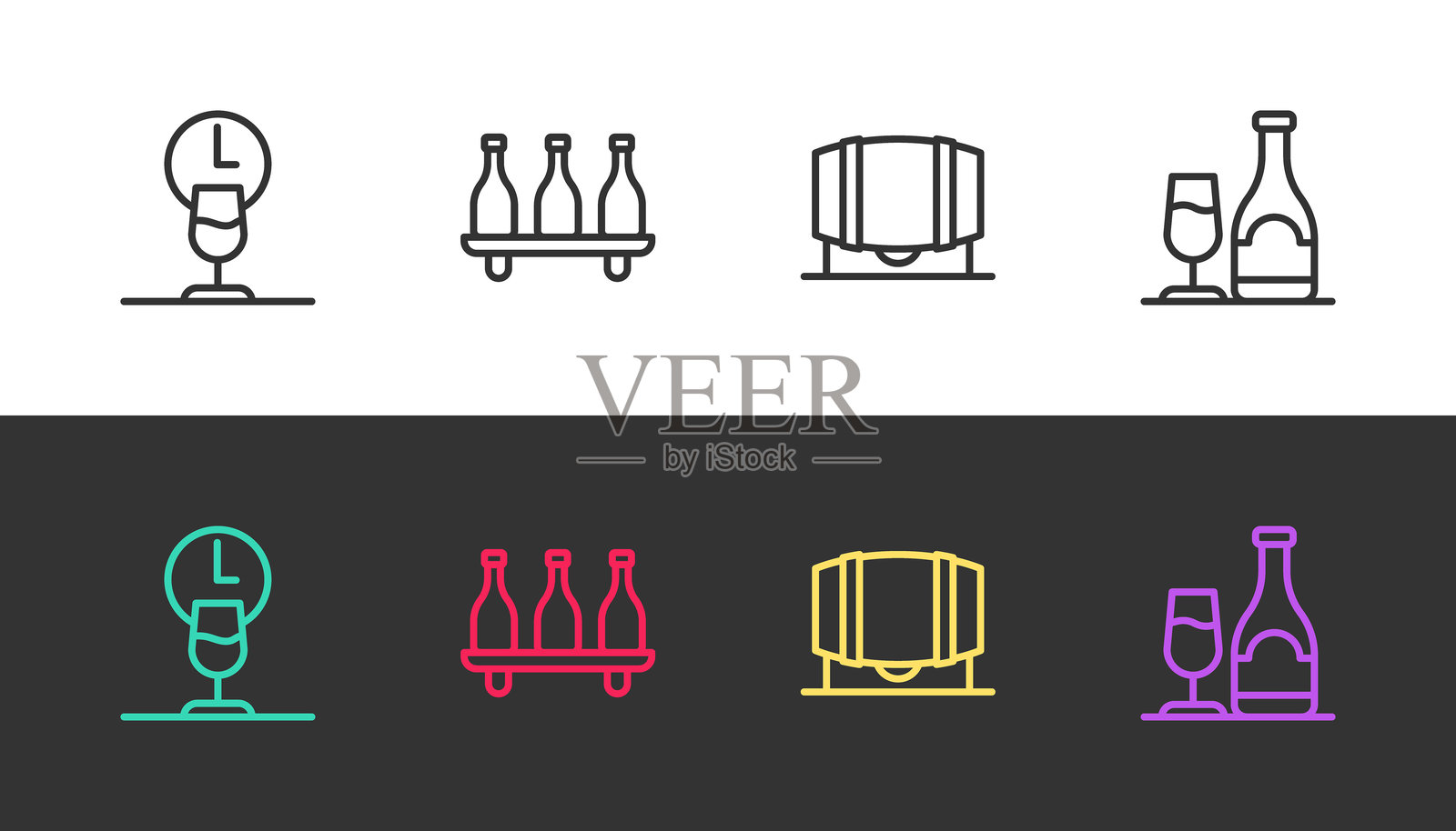 酒时间，酒瓶，木桶和黑白背景下的酒瓶与酒杯。矢量图。插画图片素材
